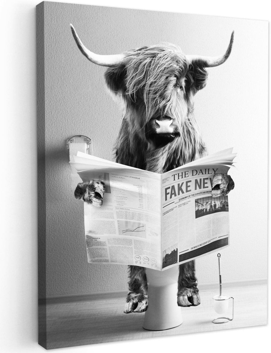Famanu – Canvas schilderij 60 x 80 cm, kamerdecoratie voor woonkamer en slaapkamer, WC thema met krant en Schotse hooglander