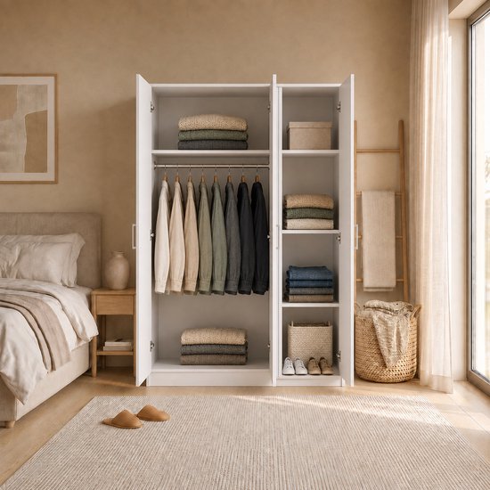 Witte driedeurskast in slaapkamer, met kleding en opgevouwen textiel.