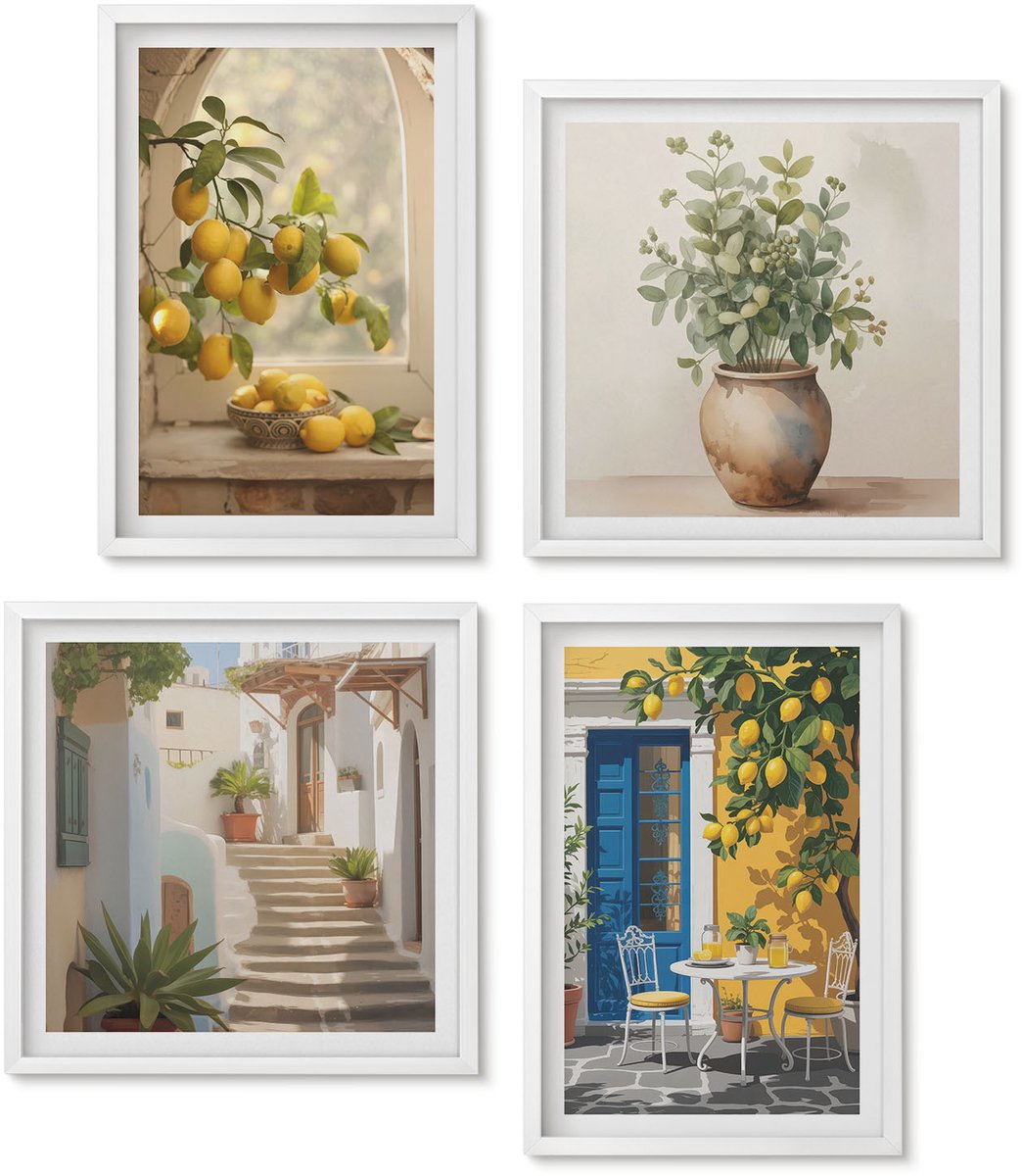 Wallfluent 4-Delige Schilderij Set - Citroenen In De Stad Van De Italiaanse Architectuur - 40 x 40 En 40 x 60 - Moderne Wanddecoratie - Slaapkamer - Stijlvolle Muurdecoratie