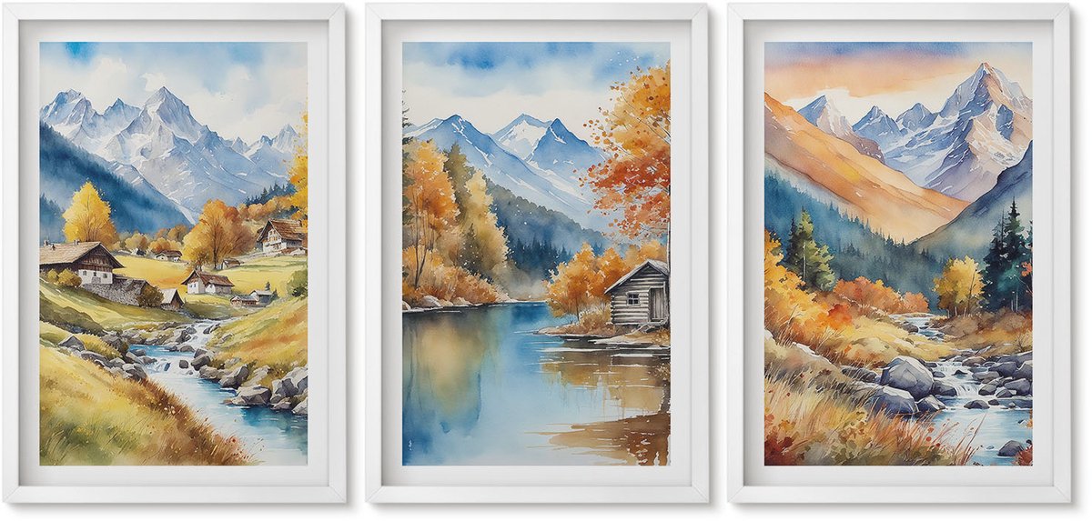 Wallfluent 3-Delige Schilderij Set - Geschilderde Herfstbergen Met Een Rivier En Huisjes - 40 x 60 - Wanddecoratie - Woonkamer Decoratie