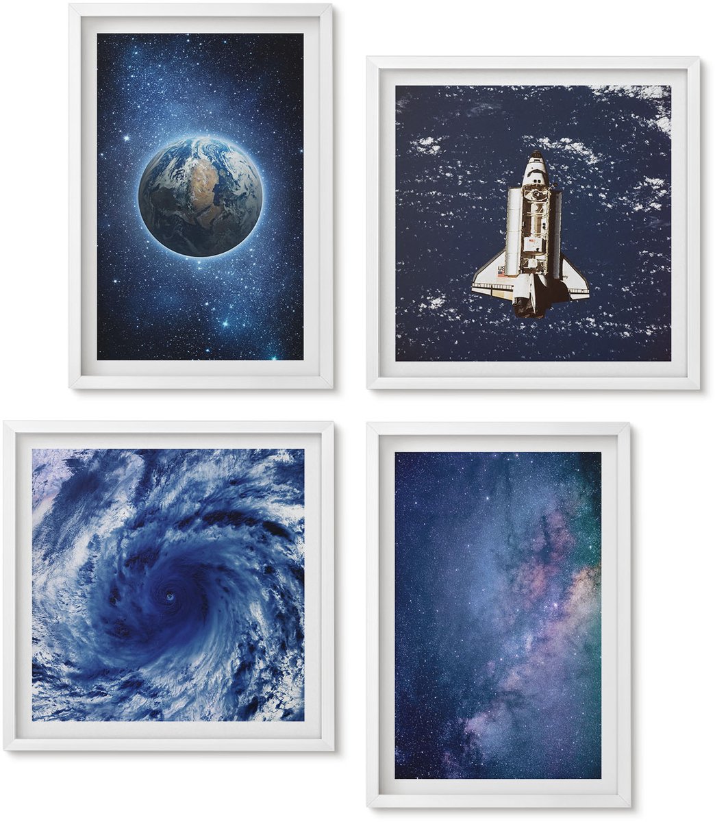 Wallfluent 4-Delige Schilderij Set - Aarde In Een Ruimtestorm En Sterrenstelsel - 40 x 40 En 40 x 60 - Wanddecoratie - Schilderijen Set - Interieur - Interieur Decoratie