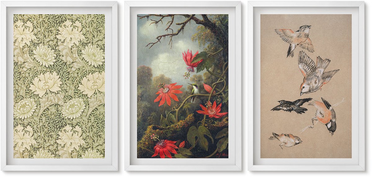 Wallfluent 3-Delige Schilderij Set - Bloemen En Vogels In Een Natuurlijke Omgeving - 40 x 60 - Wanddecoratie - Moderne Interieurdecoratie - Muurdecoratie