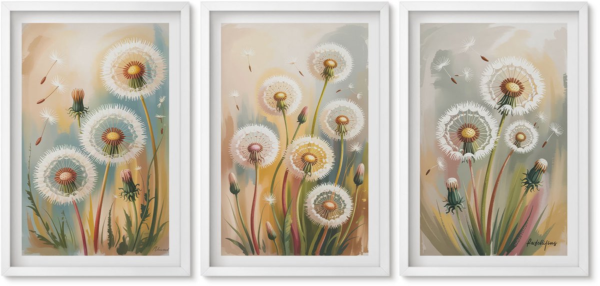 Wallfluent 3-Delige Schilderij Set - Paardenbloemen Tegen Een Pastelkleurige Grasachtergrond - 40 x 60 - Muurdecoratie - Wanddecoratie - Slaapkamer - Woonkamer Decoratie