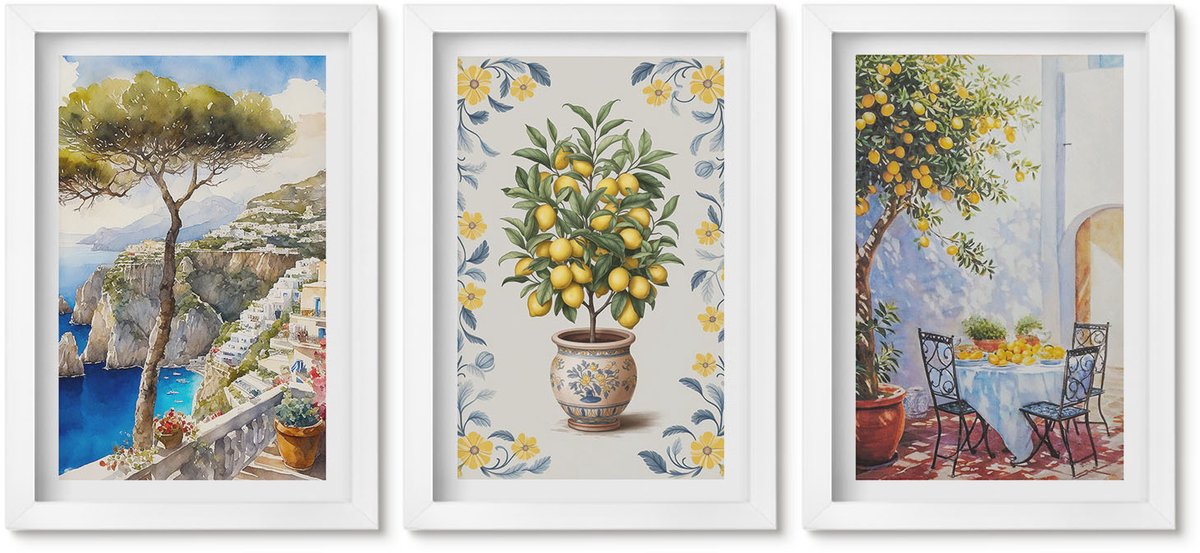 Wallfluent 3-Delige Schilderij Set - Zeegezicht Met Citroenbomen - Italiaanse Schilderijen - 20 x 30 - Wanddecoratie - Muurdecoratie - Woonkamer - Moderne Wanddecoratie