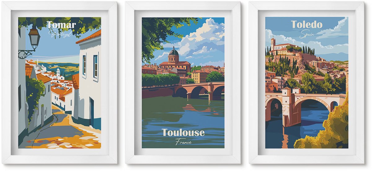 Wallfluent 3-Delige Schilderij Set - Grafische Afbeeldingen Van Beroemde Steden In Retrostijl - 20 x 30 - Moderne Wanddecoratie - Slaapkamer