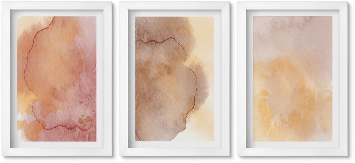 Wallfluent 3-Delige Schilderij Set - Warme Aquarelverf Op Canvas, Kleurrijke Texturen - 20 x 30 - Stijlvolle Wanddecoratie - Interieur - Woonkamer Decoratie