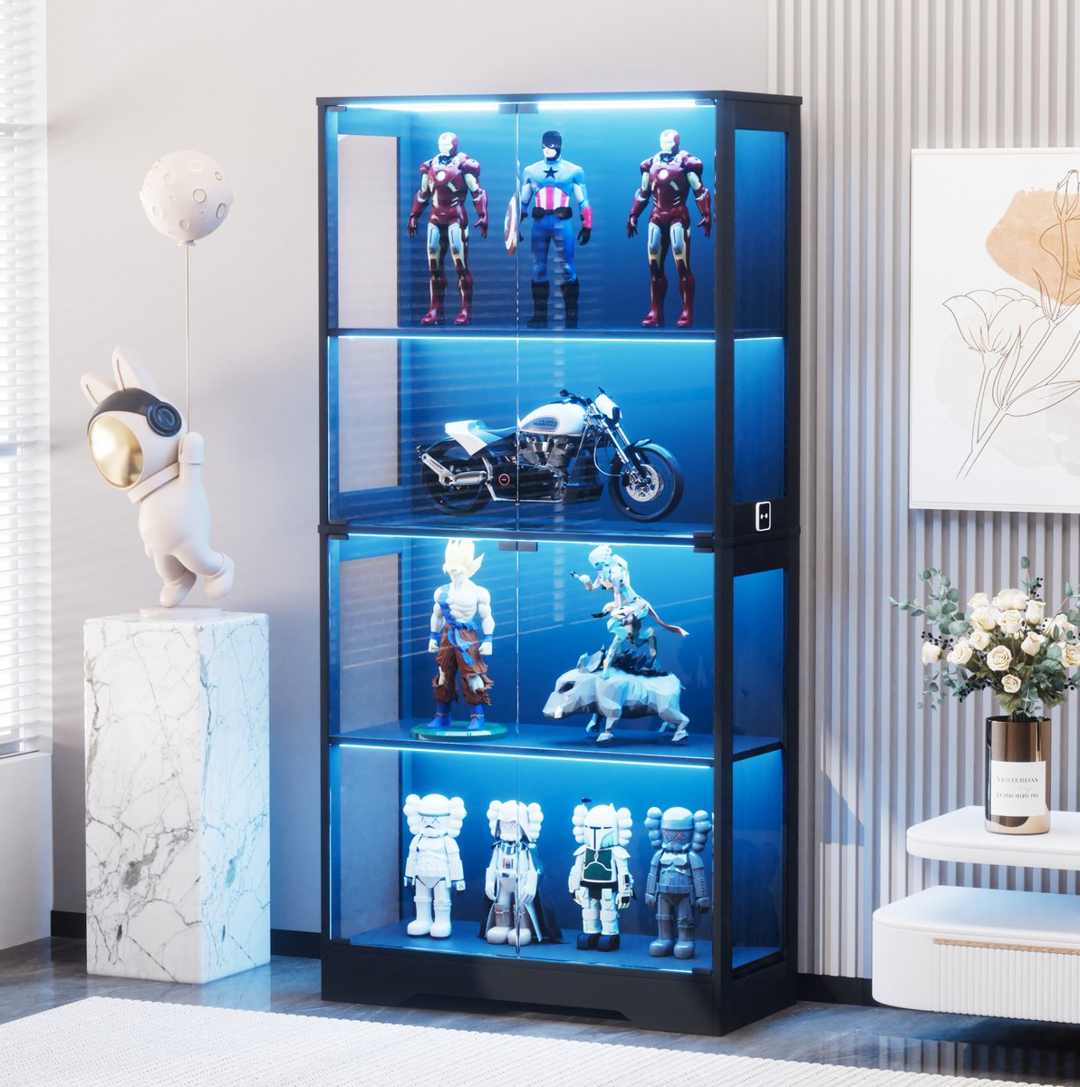 REDOM - Vitrinekast - Glazen deuren - LED-verlichting met intelligente sensor - Dichte kast - Moderne designstijl - Woonkamer, slaapkamer of kantoor - MDF en glas - Zwart - 80 x 35 x 165 cm