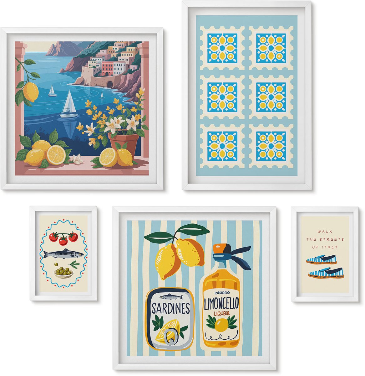 Wallfluent 5-Delige Schilderij Set - Keukeninspiratie Uit Italië: Mediterrane Smaken En Stijl. - 50 x 50 cm, 20 x 30 cm En 40 x 60 cm - Decoratieve Schilderijen - Wanddecoratie - Hal