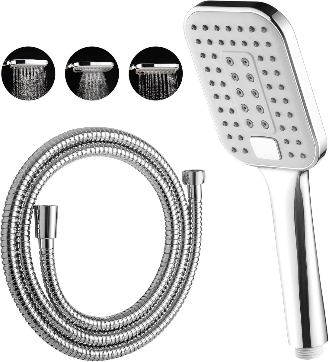 Douchekop met slang 1,6 m - chroom vierkant 12x9 cm - met 3 straalsoorten - waterbesparend voor de badkamer - ShopVlot