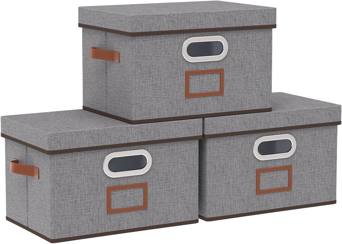 Opslagdozen met Deksel, Vouwbare Stoffen Organizers voor Planken, Decoratieve Mandjes, 26×20×17cm, Grijs, Set van 3, Ideaal voor Opberging en Ruimtebesparing