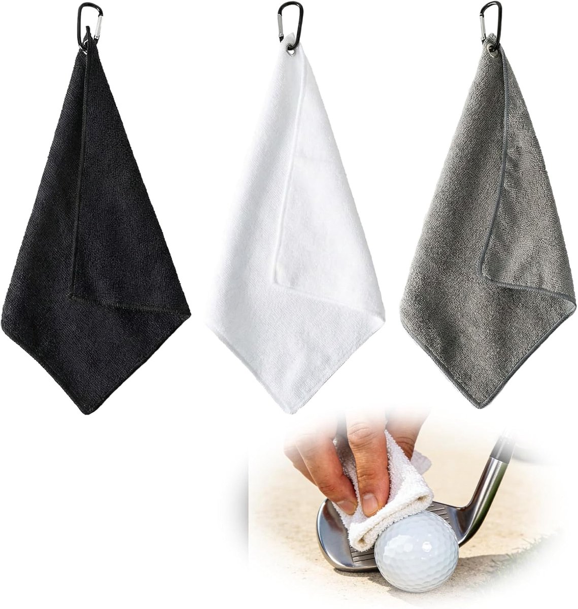 Set van 3 Microvezel Golfdoeken, 30 x 30 cm met Carabiner Haak, Sneldrogend en Makkelijk Schoon te Maken, Ideaal voor Golfclubs en Sportactiviteiten