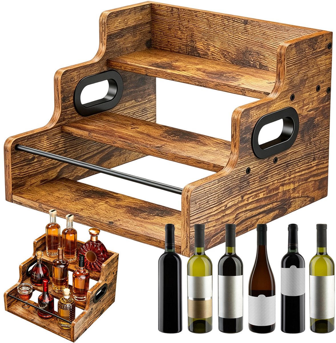 Houten Wijnrek met 3 Lagen - Whiskey Rek - Kruidenrek - Flessenrek - Keukenrek - 40,6x30,5x23,5 cm - Getrapt Ontwerp - Voor Wijnflessen & Kruiden & Beeldjes - Keuken & Bar