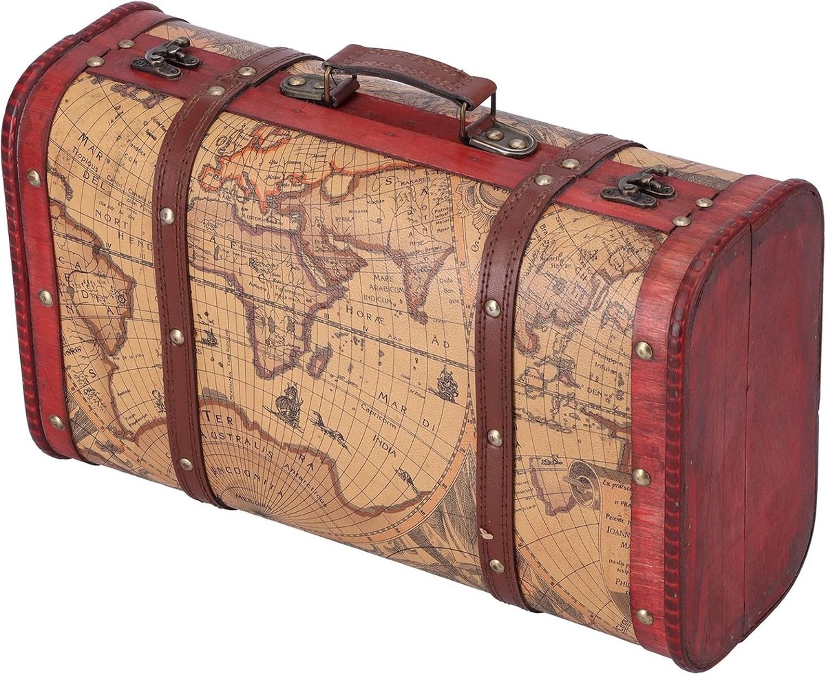 Vintage Decoratieve Houten Schatkist 37.5 x 23 x 13.5 cm Retro Koffer voor Sieraden, Speelgoed en Verzamelobjecten met Wereldkaart Patroon