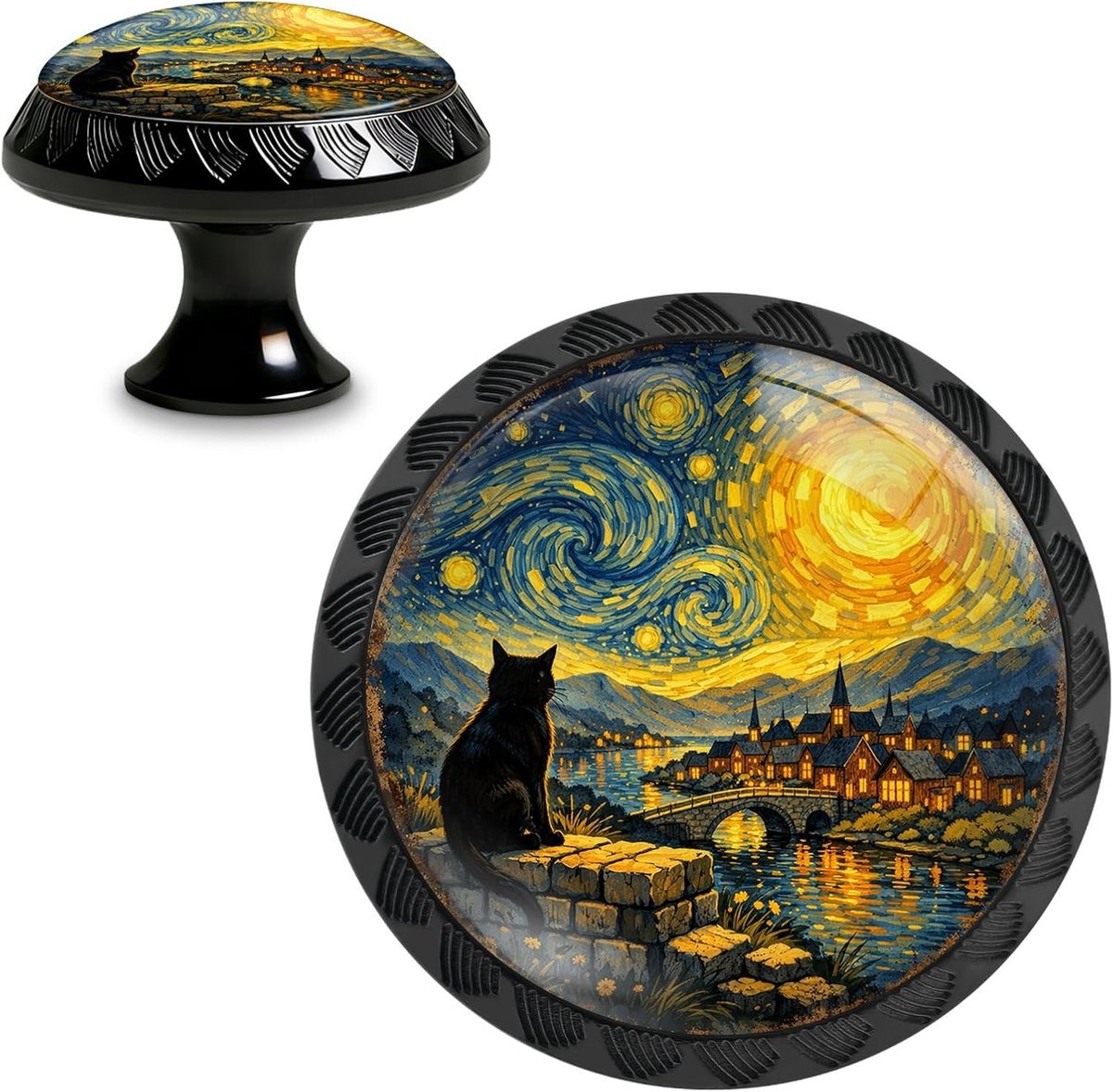 Set van 4 Zwarte Kat Kastknoppen, Ronde Acryl Ladegrepen, Vintage Decoratieve Knoppen voor Dressoir, Keuken en Kasten