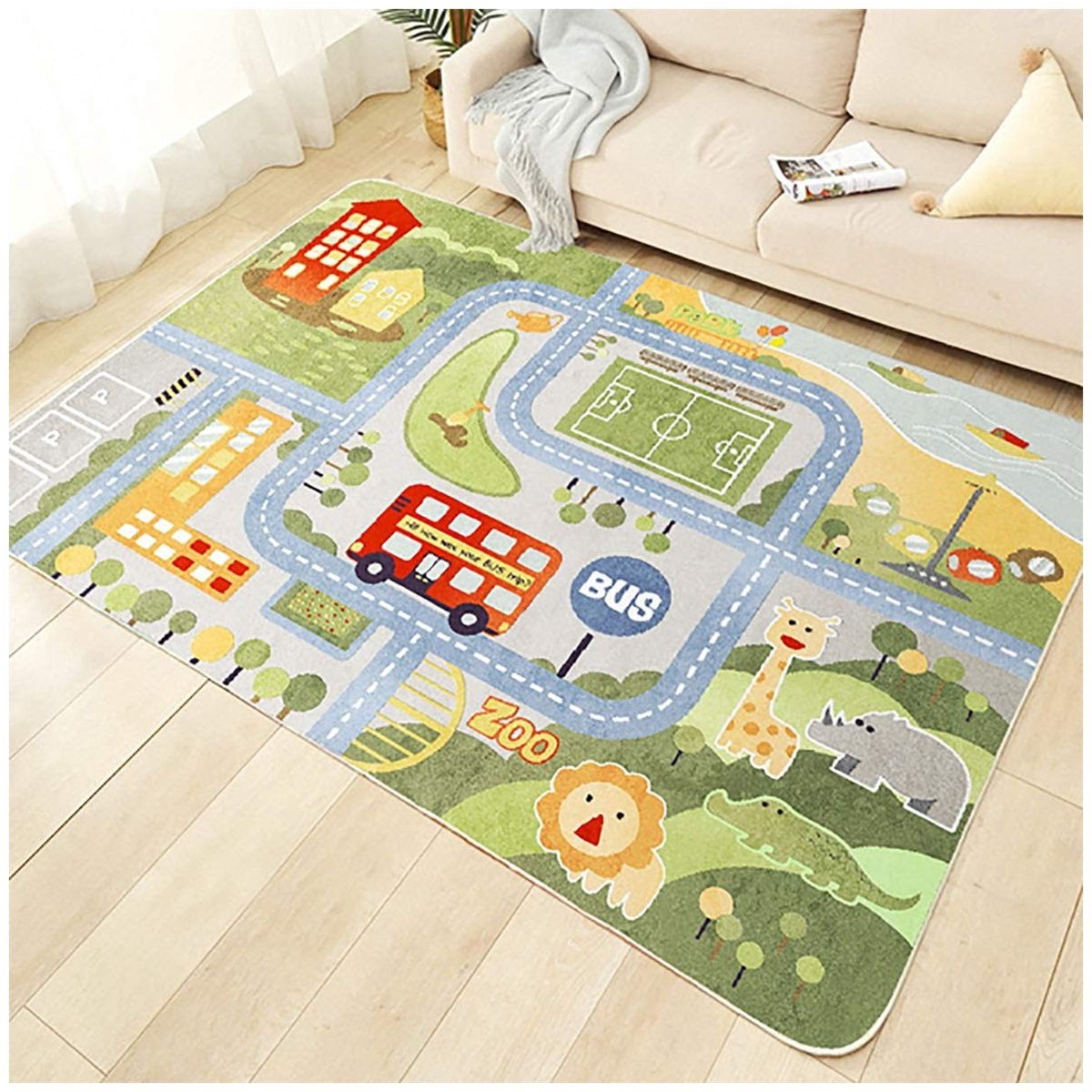 Speelkleed met Straat en Dieren - Blauw Groen Grijs - 80x120cm