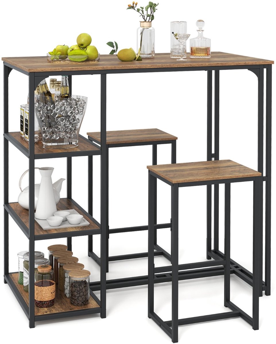 SureDeal® - Eettafel - Delige Bartafel - Personen - Opbergvakken Keukentafel - Stoelen - Keuken - 110x60x110 cm - Koffiebruin