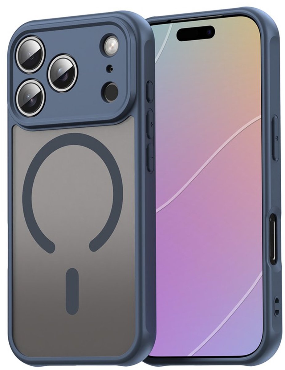 MobyDefend Hoesje - Geschikt voor iPhone 18 Pro - Case Geschikt voor MagSafe - Mat Transparant Met Gekleurde Rand - Blauw