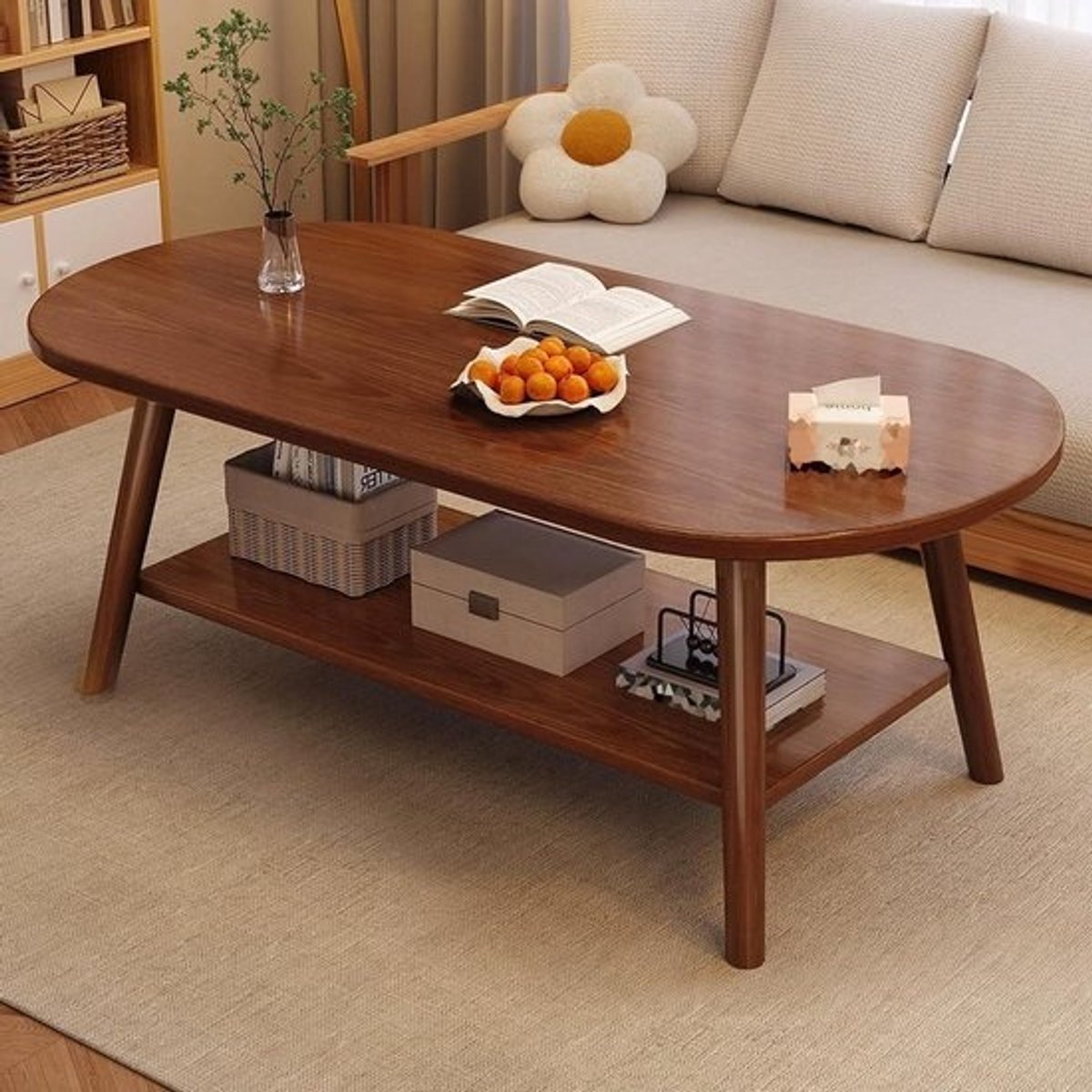 Ovale Salontafel - Woonkamertafel Bijzettafel - Opbergen Woonkamer - Met Open Plank - 100x50x52cm - Bruin