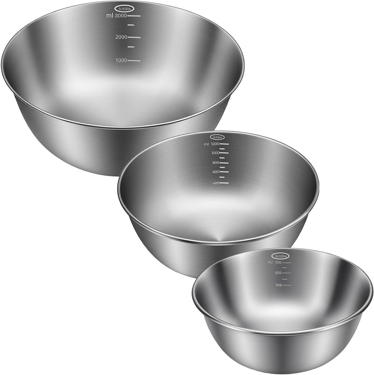 Set van 3 RVS mengkommen - Grote mengkom 2.5L, 1.2L en 0.7L - Stapelbare saladeschalen en bakschalen van hoge kwaliteit Ø24cm/19cm/16cm