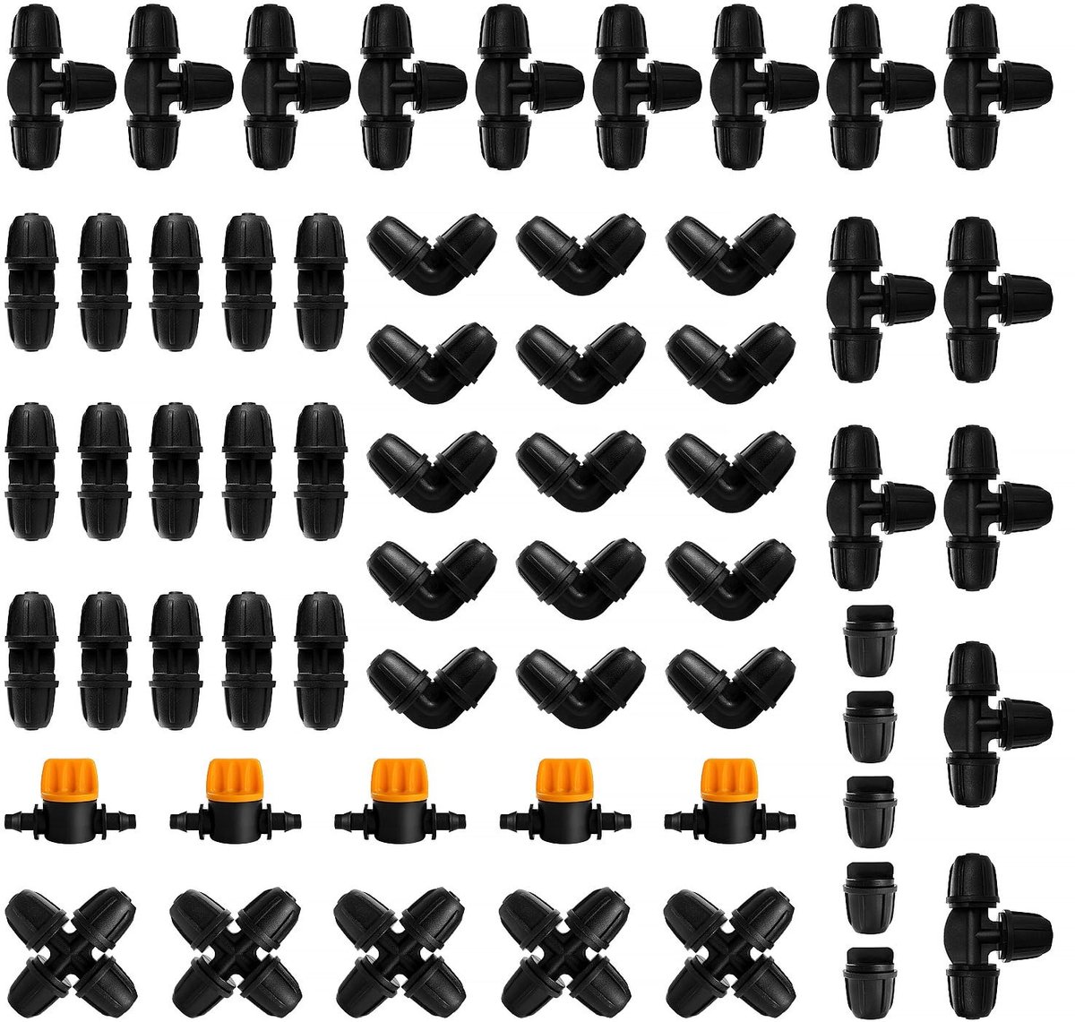 Complete Set van 60 Drip Irrigation Fittingen voor 4/7mm Irrigatiebuizen, Inclusief T-stukken, Hoofden en Kleppen voor Efficiënte Tuinirrigatie