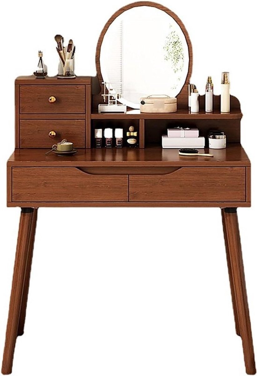 Kaptafel met spiegel - Make-up meubel - Schoonheidsroutine - Verstelbare verlichting - 80 cm breed - Walnoot