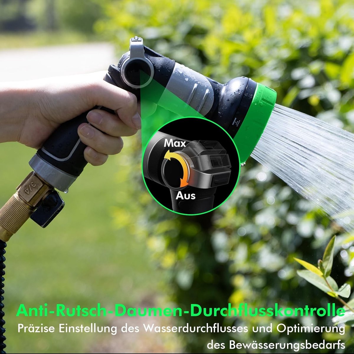 2-in-1 Tuinsproeier, Robuuste Metalen Tuinslang Sproeier met 4 Spuitstanden, Hoge Druk Tuinhanddouche met Duimstroomregeling, Ideaal voor Tuinirrigatie en Bodemreiniging, Groen