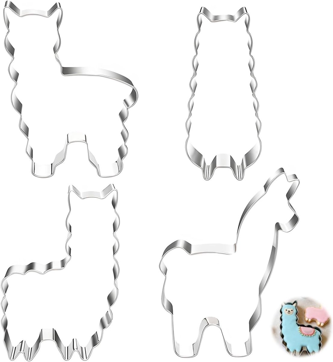 Set van 4 roestvrijstalen uitsteekvormen in alpaca-vorm voor koekjes, fondant en gebak, schattige dierenmotieven voor feestelijke bakprojecten
