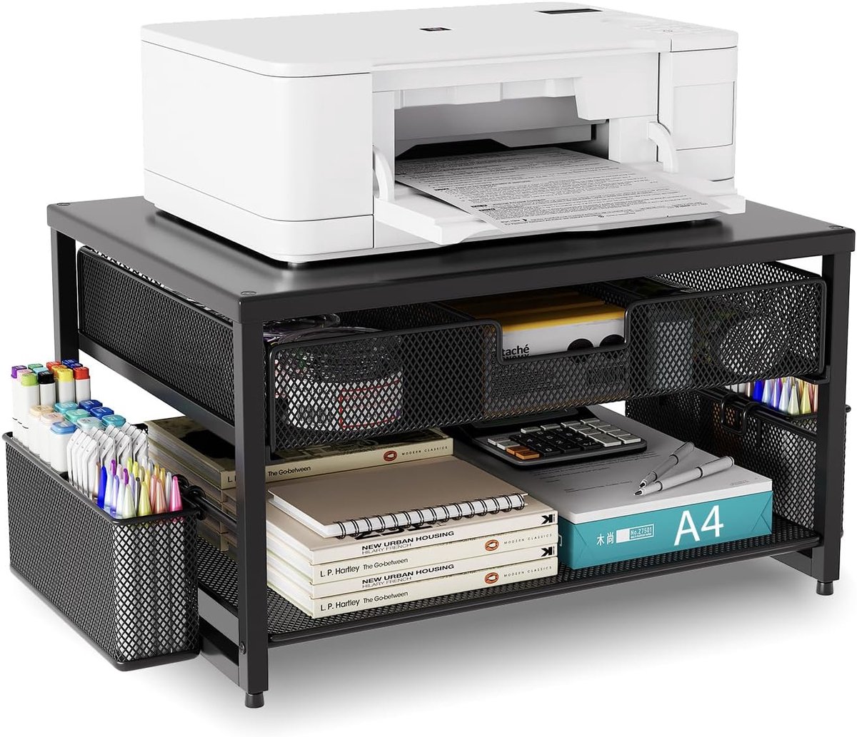 Printerstandaard - Metalen bureau-organizer met lade en 2 penhouders - 2-laags zwart