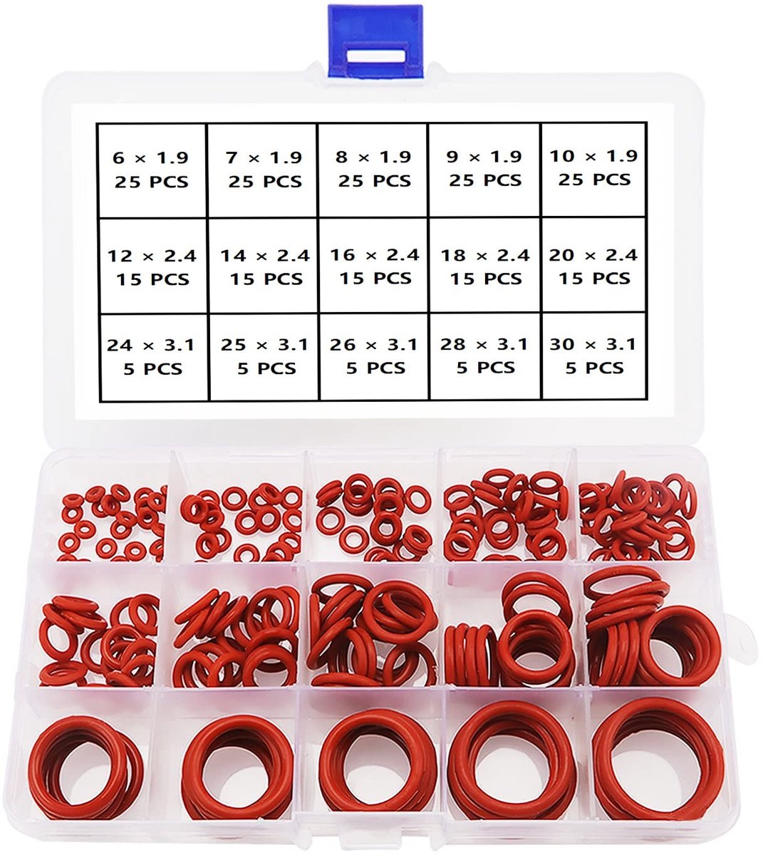 225 Stuks 15 Maten Rode O-Ringen Assortiment Kit, Silicone O-Ringen voor Loodgieterij, Waterdicht en Auto Reparatie