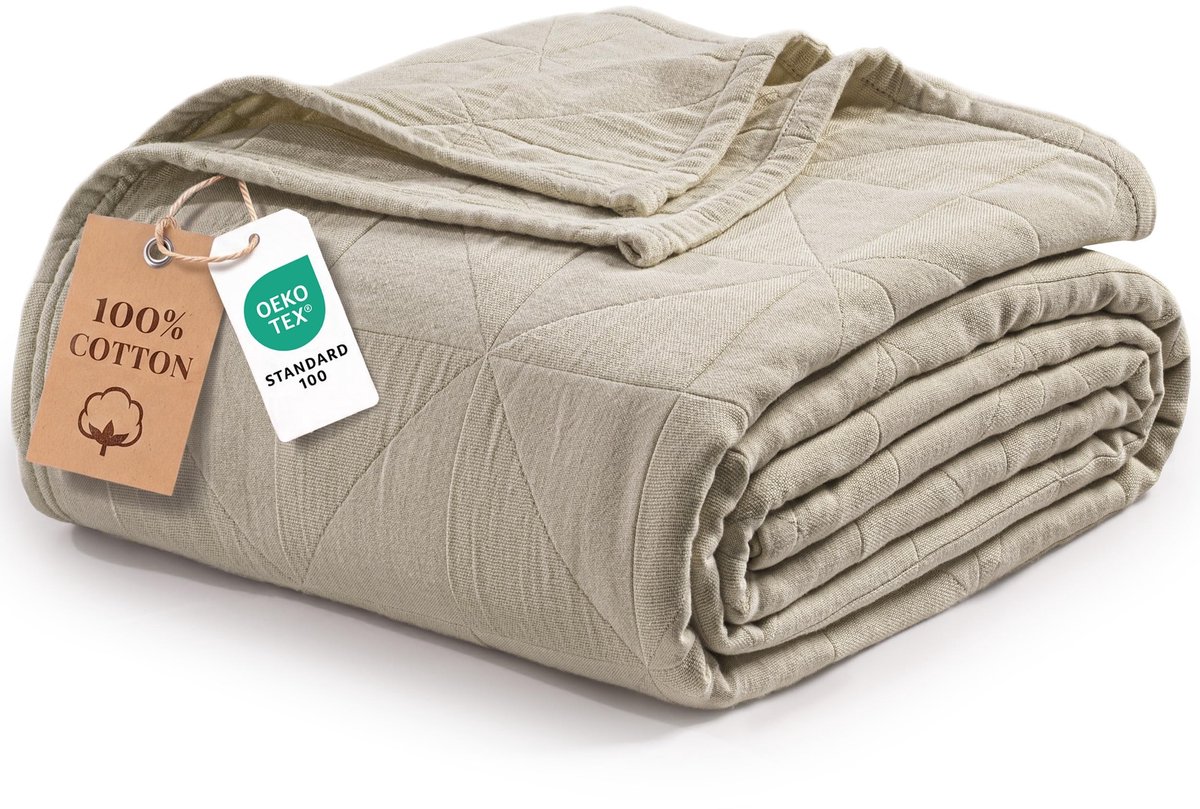 Katoenen Wafel Dekentje - Geometrisch Patroon - Khaki - 130 x 170 cm