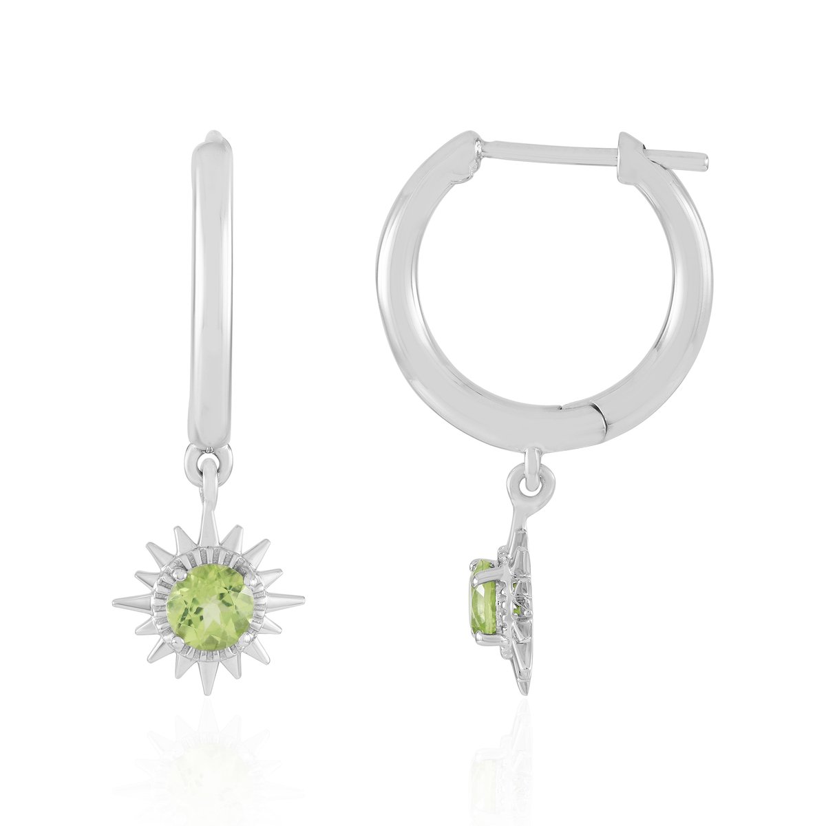Cavill - Zilveren Oorbellen - 925 Sterling Zilver met 0,50ct Ronde Peridoot - Platina Afwerking - Modern Hoepelmodel met Sterdetails