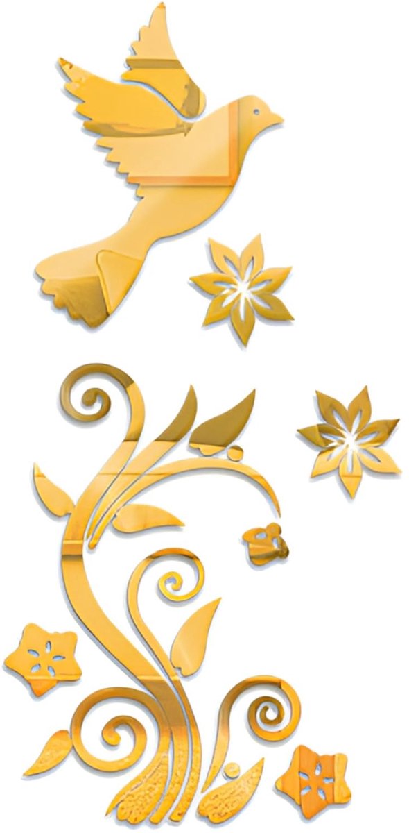 3D Acryl Spiegel Wandstickers - Vliegende Vogels en Bloemen - Goud