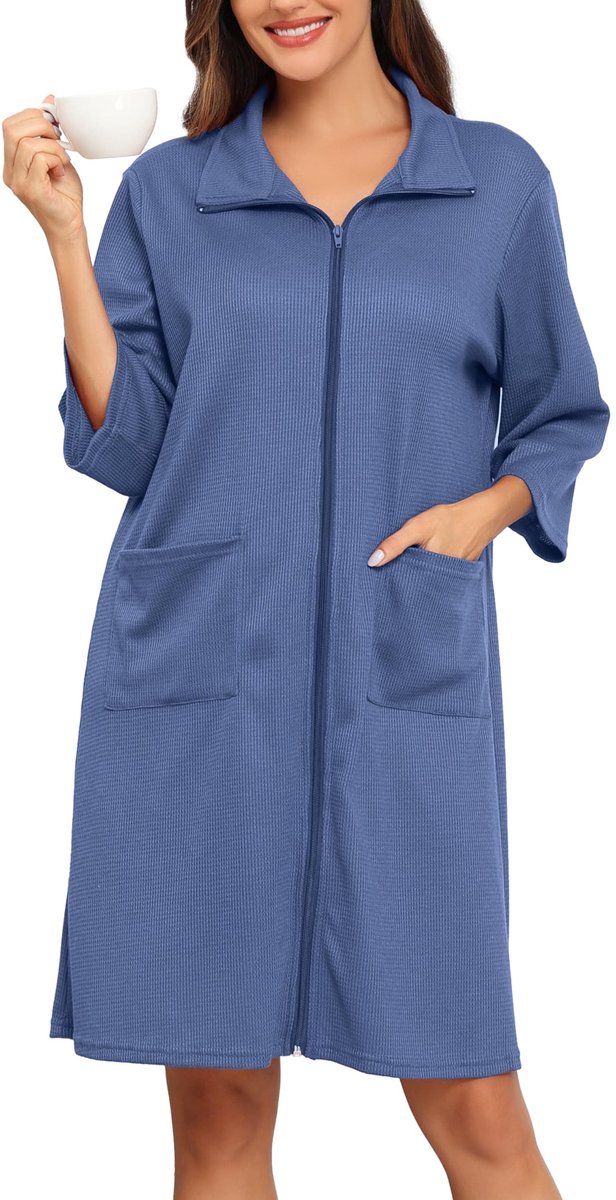 Dames Wafel Badjas met Rits en 3/4 Mouwen - Blauw