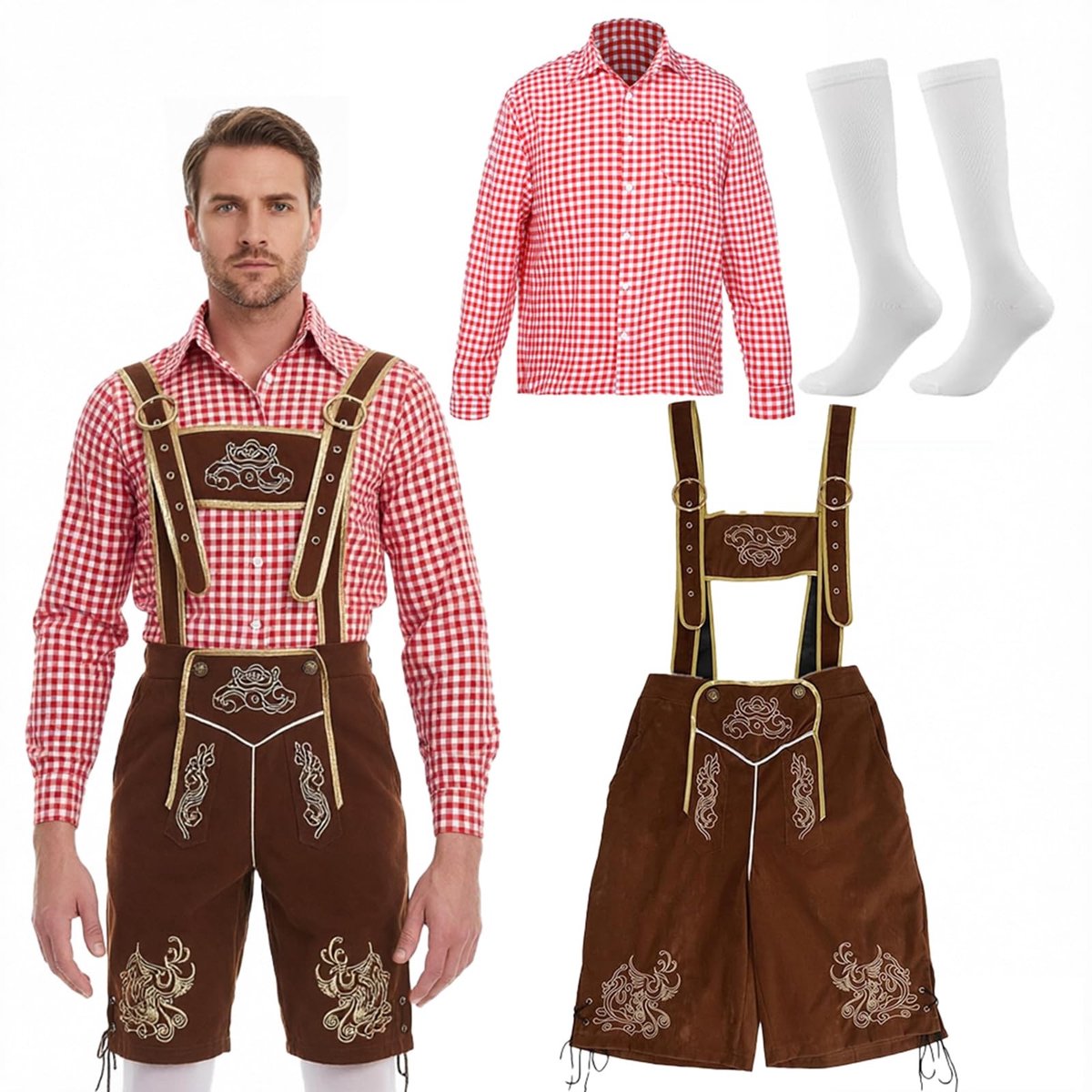 Oktoberfest Kostuum voor Mannen - 3-delig Set met Geruite Overhemd en Fluwelen Broek - Rood - Maat XL