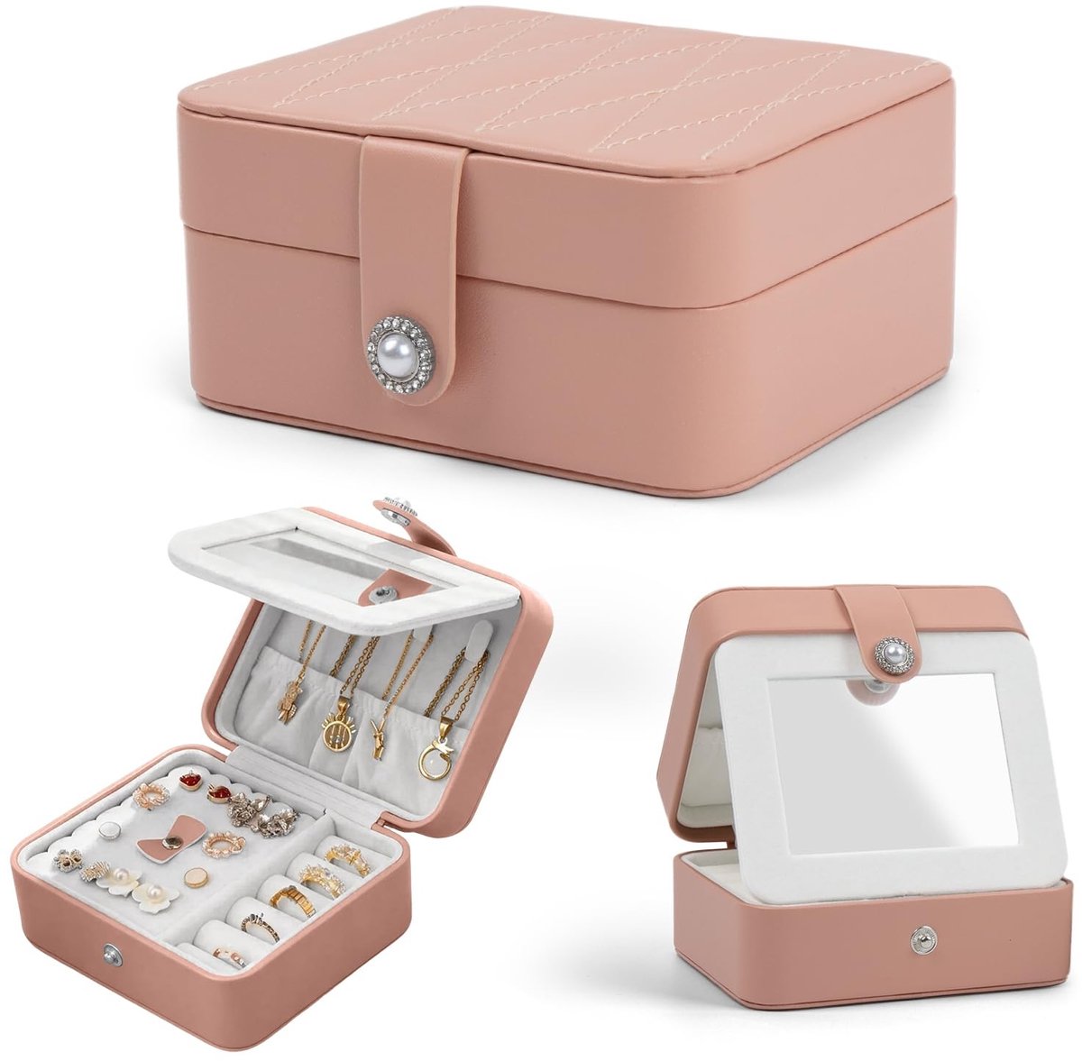 Reislade voor Sieraden - PU Leren Opbergdoos met Spiegel - Roze