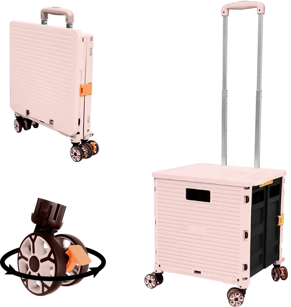 Opvouwbare Boodschappenwagen - 54L, 45 kg, Roze met 4 draaibare wielen