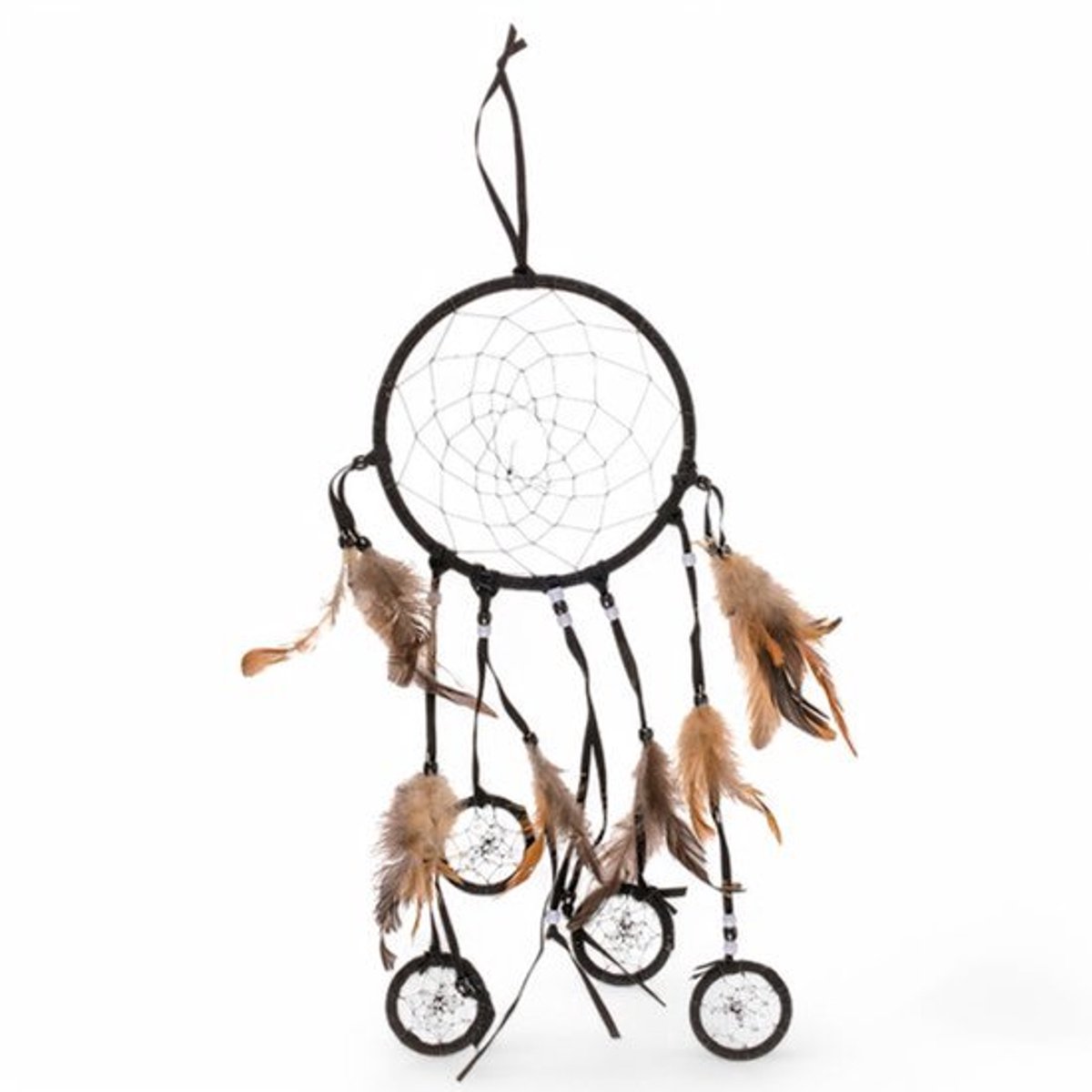 Dromenvanger Mijoma Zwart en Bruin met Veren - Boho Decoratie - Ongeveer 40 x 16 cm