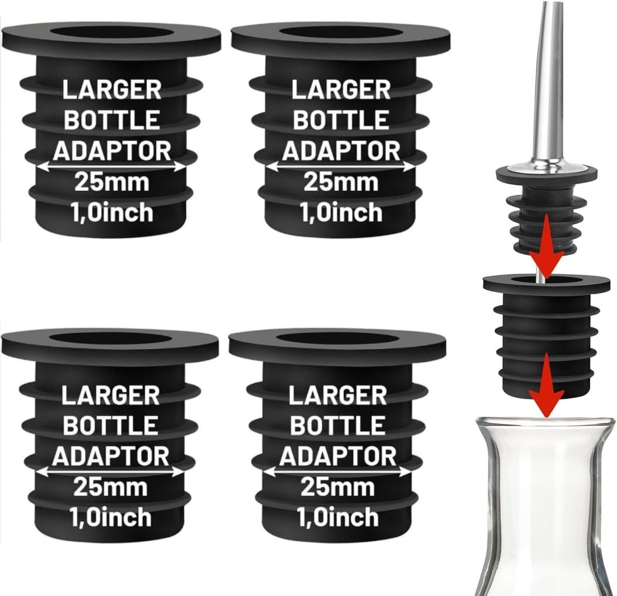 Set van 4 Adapters voor Alcohol Gieters, Verstelbare Tuit voor Grote Flessen tot 25 mm, Ideaal voor Keuken en Dranken