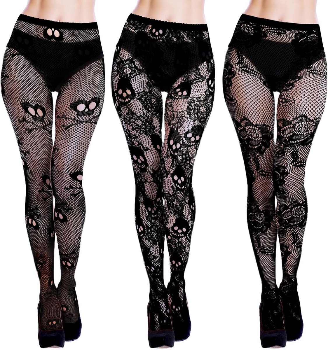 3 Paar Halloween Kousen voor Vrouwen met Zwarte Schedel en Rozenpatroon, Hoge Taille en Kanten Mesh voor een Gothic Look en Dag van de Doden Kostuum Accessoires