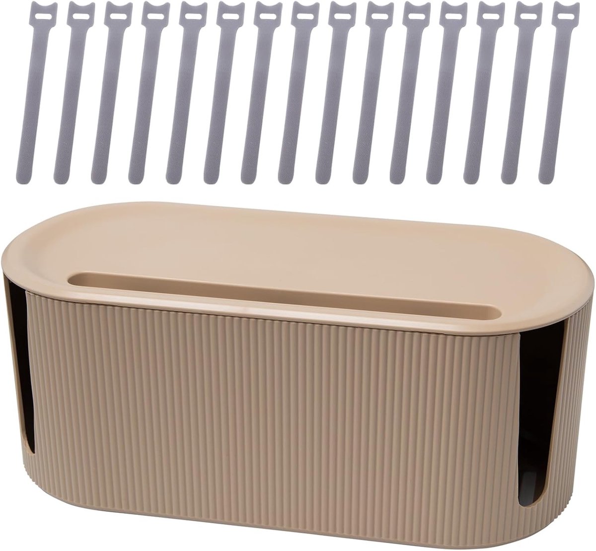 Opbergdoos voor Kabels met Deksel en Kabelbinders - Kabelmanagement Oplossing voor Thuis, Kantoor en Keuken (30 x 13 x 12.5 cm, Bruin)