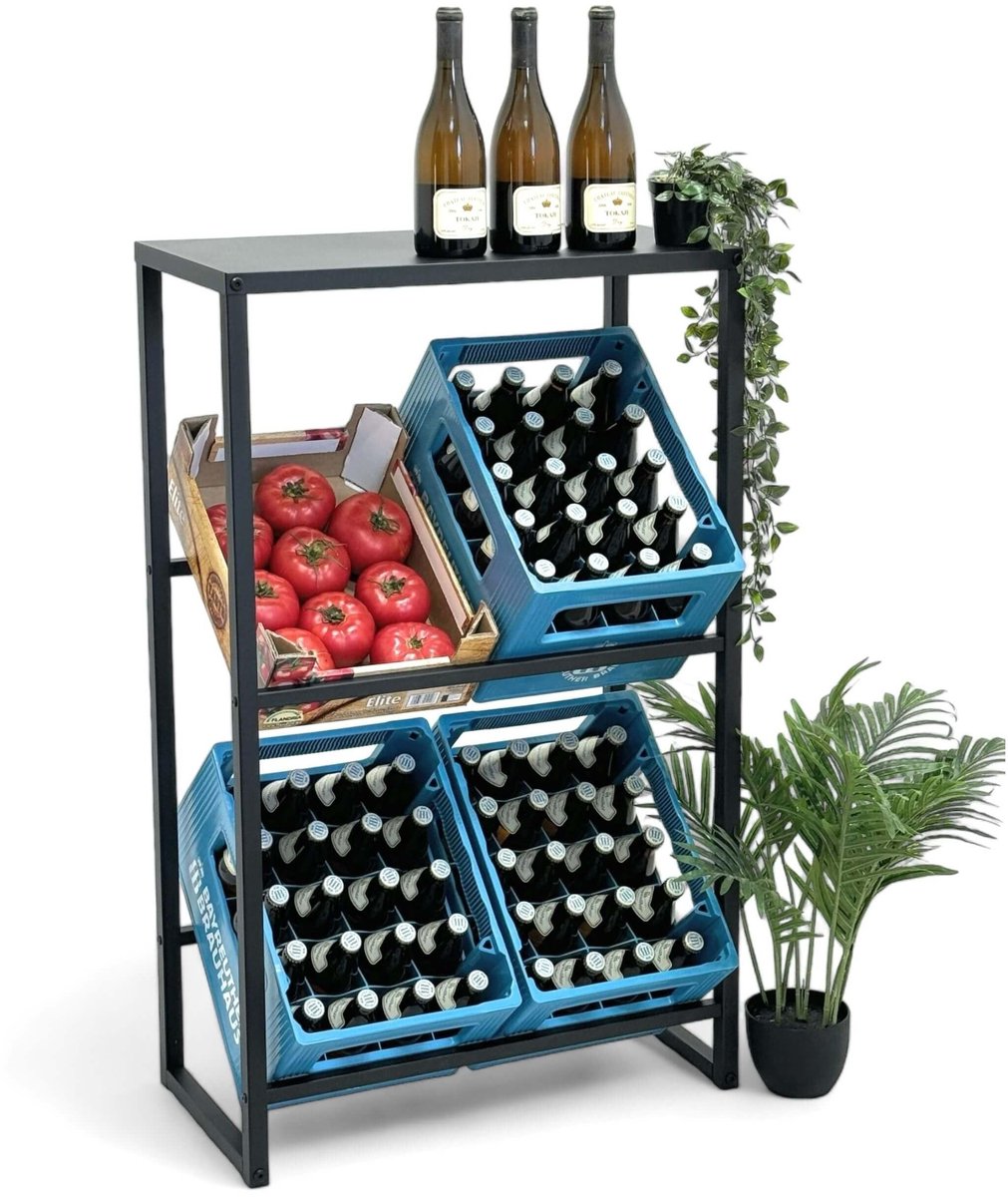 Drinkkrat Houder met Extra Plank - Zwart Metaal voor 4 Kratten