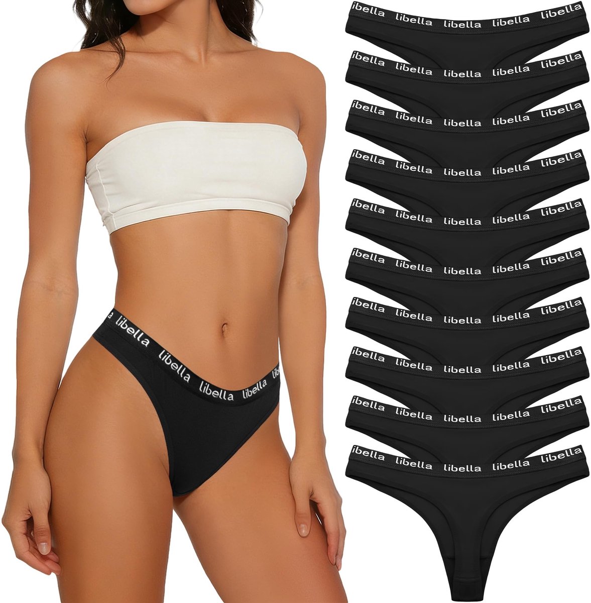 Set van 10 Dames Thongs - Katoen - Zwart