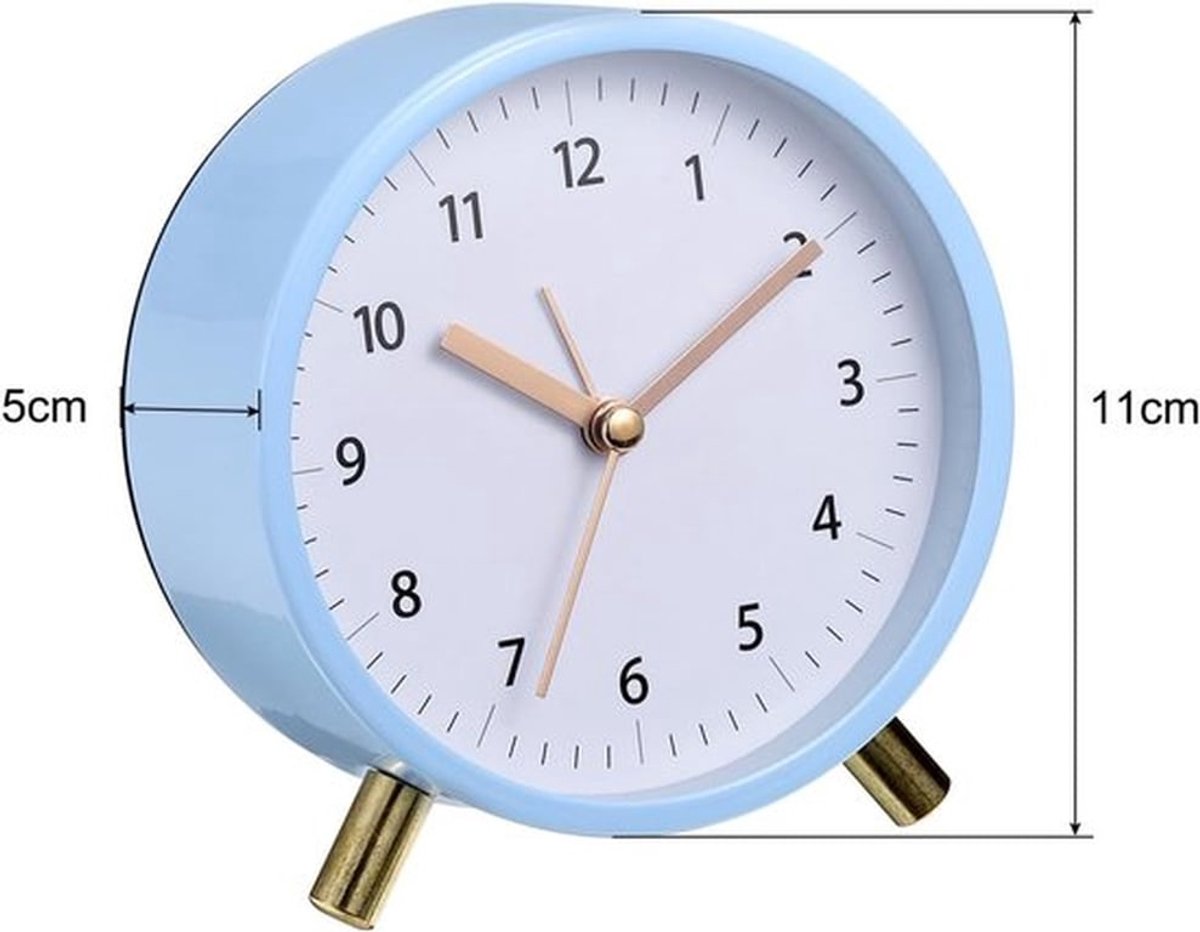 Metalen kwartswekker, ronde reisklok voor slaapkamers, met eenvoudige lichtfunctie, 12/24-uursweergave, 11 cm (blauw)