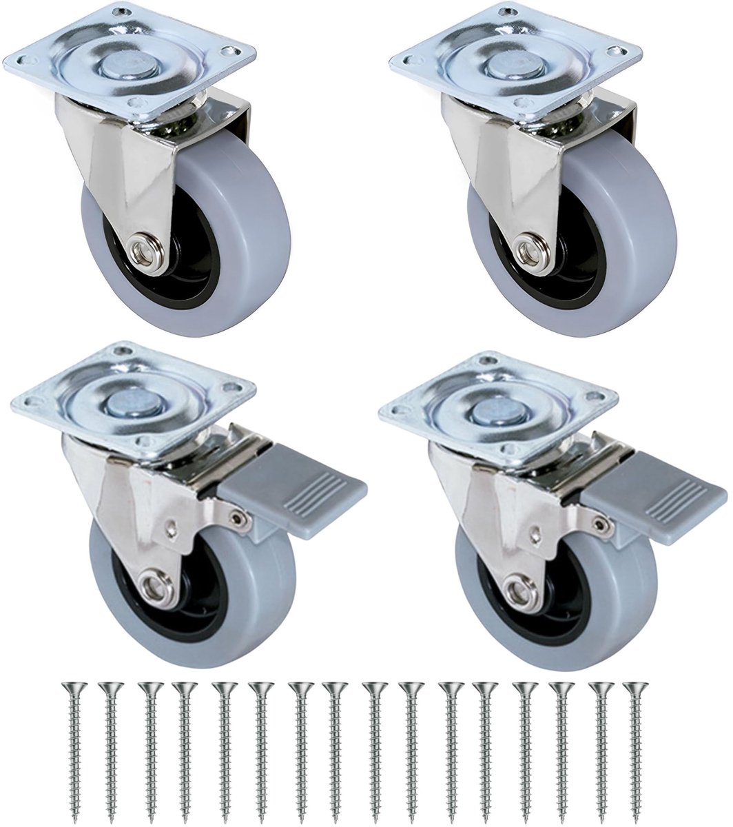 Set van 4 Meubelwielen - 50 mm - Grijs met 2 Remmen