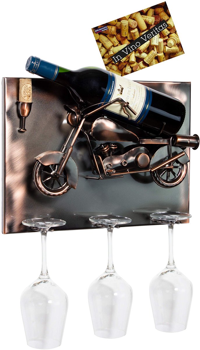 Wijnfleshouder Motorfiets - Wanddecoratie met 3 Glazenhouders - Bruin