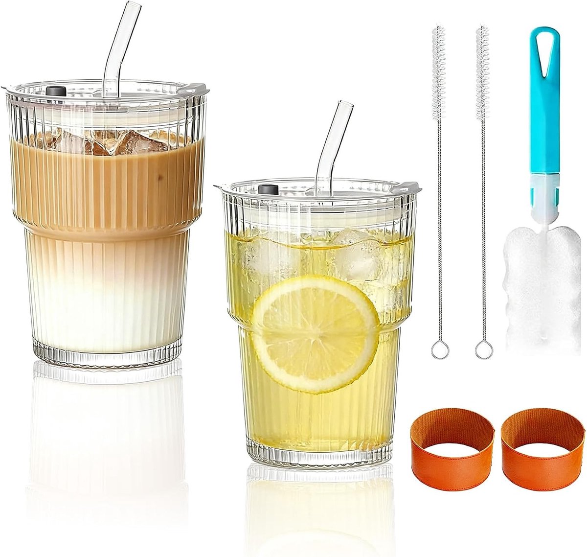 Set van 2 ribbelglas bekers met deksel - 400ml - Perfect voor warme dranken, stijlvol design en gebruiksvriendelijk