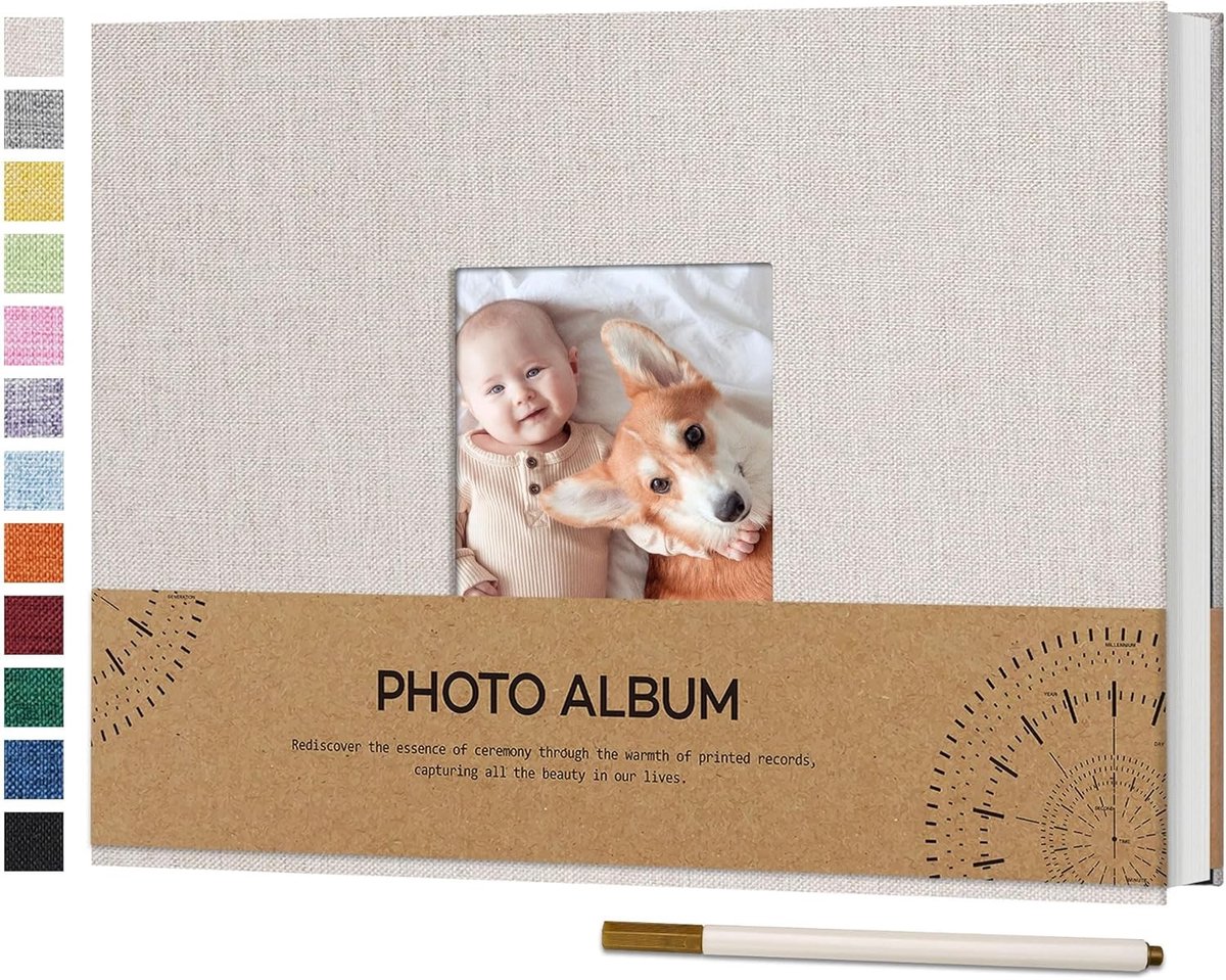 Zelfklevend Fotoalbum met Raam voor Foto's 10 x 15 cm, Linnen Kaft, DIY Scrapbook, 60 Witte Pagina's, Ideaal voor Reisfoto's en Herinneringen, Inclusief Balpen, 21.5 x 30 cm, Beige