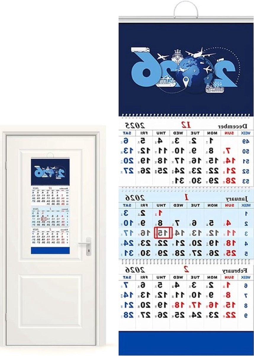Kalender 2026 - Maandplanner - Tijdmanagement - Drie Maanden Overzicht - 33 x 83.5 cm - Wit