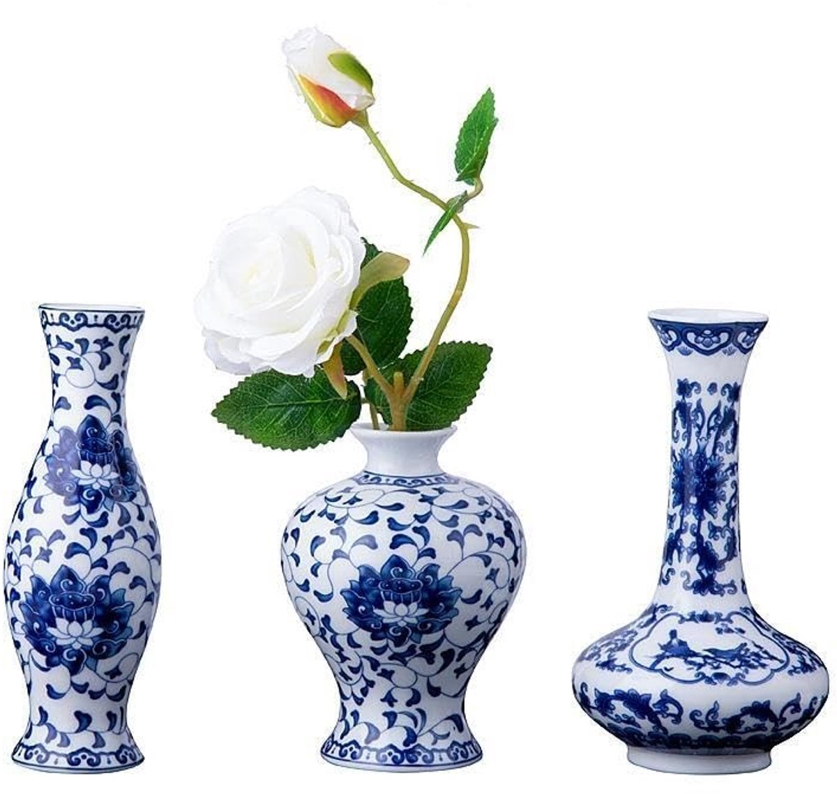 Set van 3 Kleine Blauw-Witte Porseleinen Vazen - Voor Bloemdecoratie