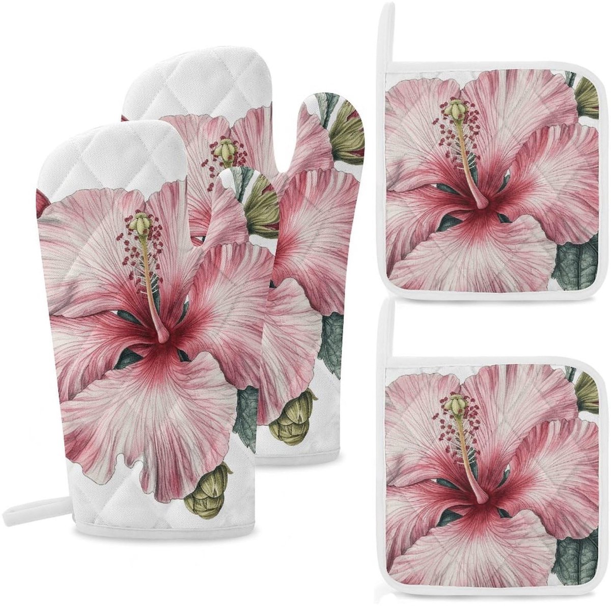 Set van 4 ovenwanten en pannenlappen - Hittebestendig met perzik hibiscus
